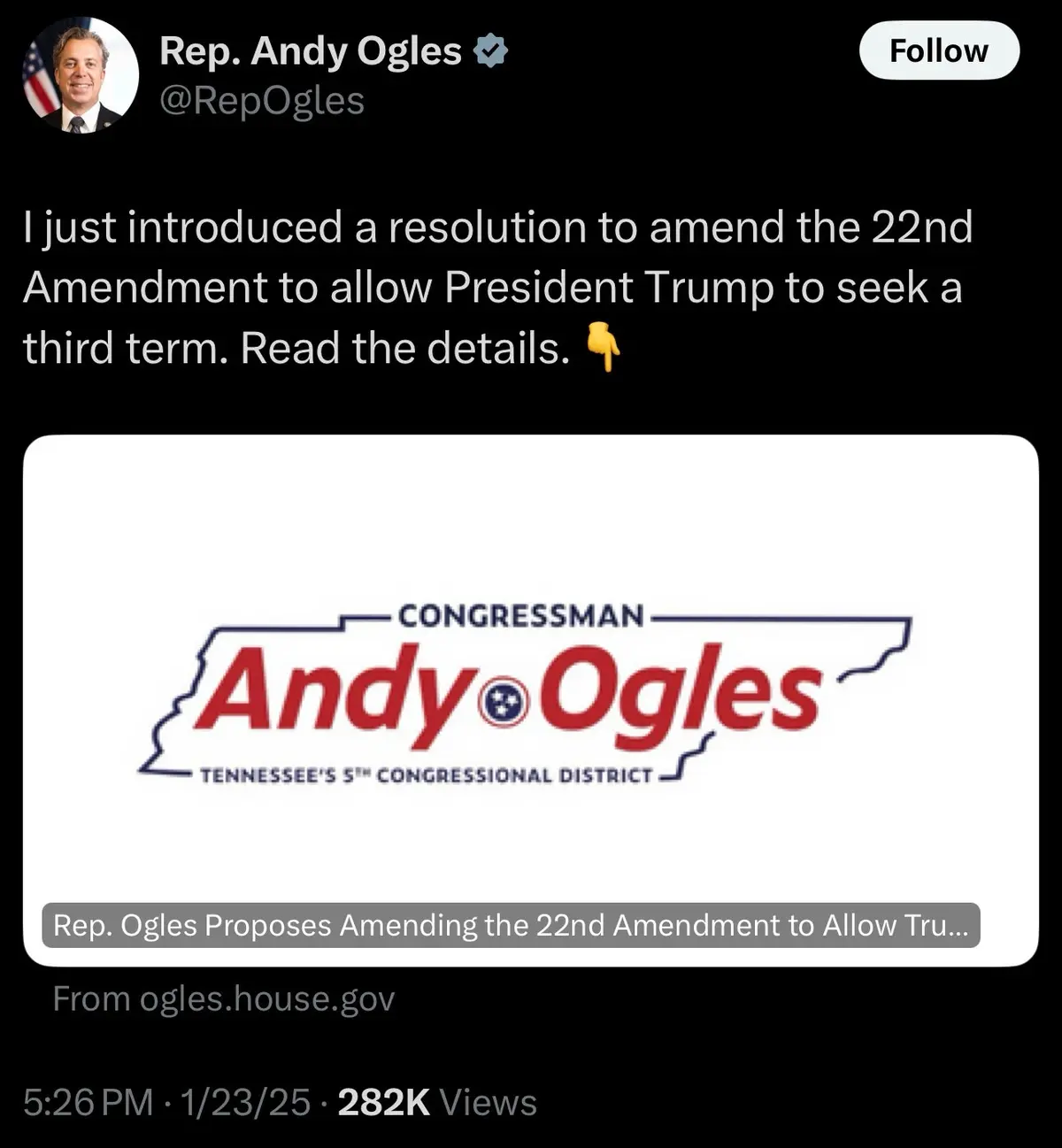 A screenshot of a tweet from Rep. Andy Ogles showing his official congressional logo. The tweet text announces he introduced…