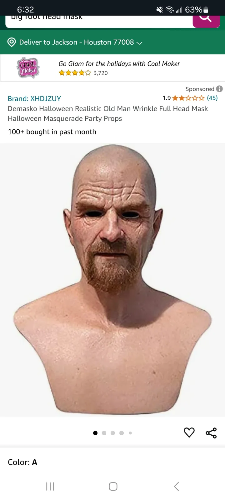 An e-commerce product listing shows a full-head silicone mask resembling a bald, wrinkled old man with a goatee, presented…