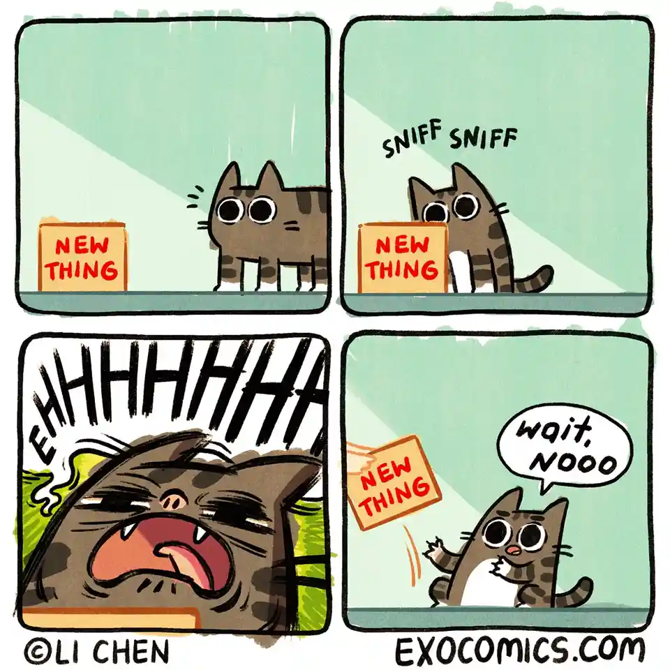 A four-panel comic shows a cat encountering a box labeled 'NEW THING'. The cat sniffs it curiously, then reacts with extreme…