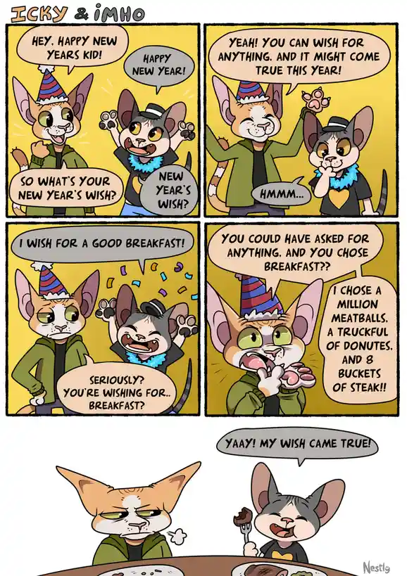 A four-panel comic strip featuring two anthropomorphic cats, Icky and Imho, celebrating New Year's. Icky, wearing a party…
