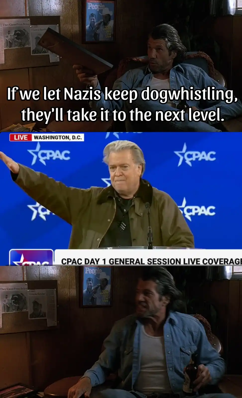 The meme features a three-panel image. The top and bottom panels show a man in a denim shirt sitting in a chair, holding a…