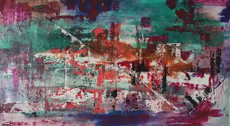An abstract painting with thick, textured brushstrokes in vibrant colors like teal, magenta, red, and white, depicting a…