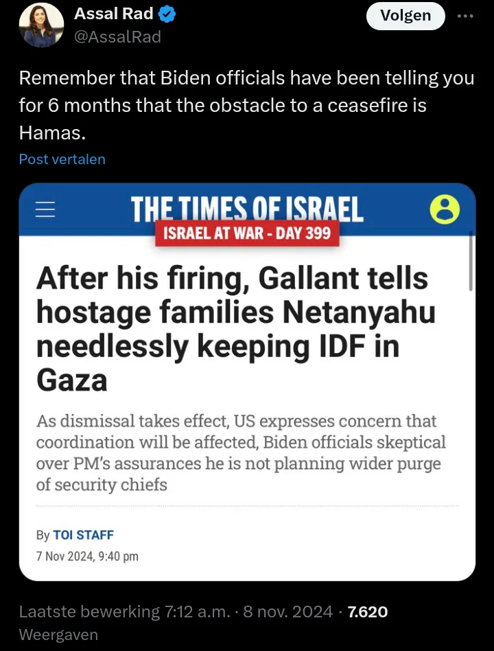 A screenshot of a tweet by Assal Rad showing a news article from 'The Times of Israel' with the headline 'After his firing…