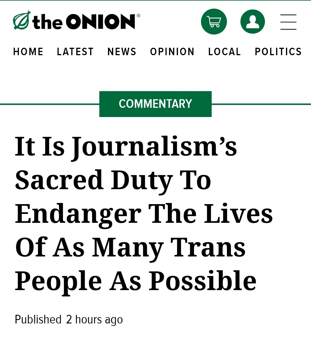 The image displays a mock news article from 'the ONION' website, featuring a green 'COMMENTARY' banner and a large headline…