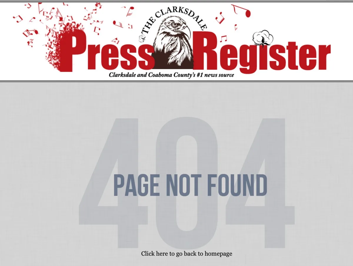 The image displays a 404 error page overlaid on the header of 'The Clarksdale Press Register,' a newspaper logo featuring an…