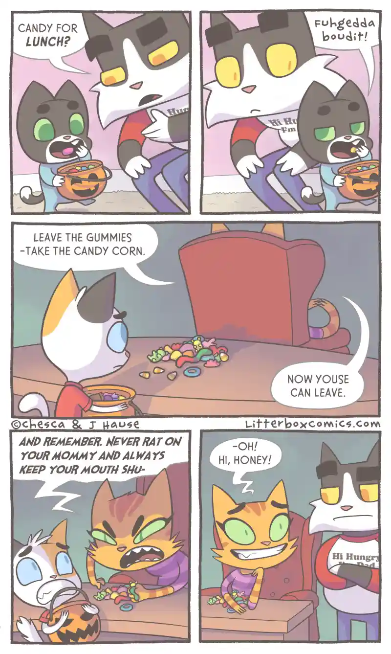 A five-panel comic strip featuring cartoon cats. In the first panel, a small cat asks a larger cat if candy is for lunch…