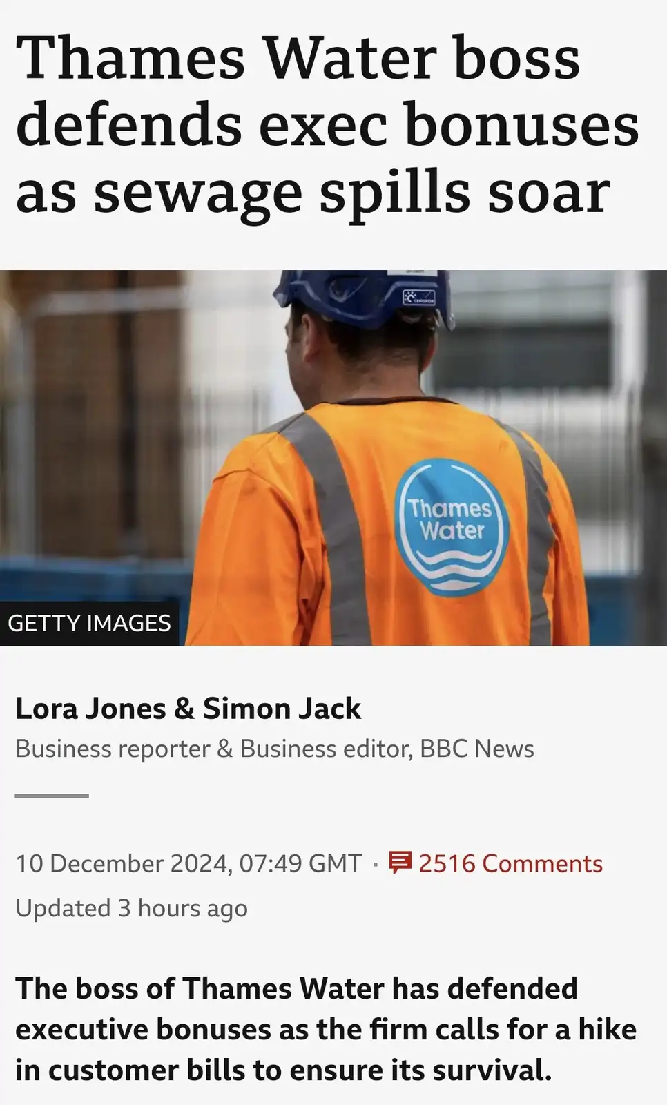 A news article screenshot shows a worker in an orange high-visibility vest with a 'Thames Water' logo on the back, viewed…