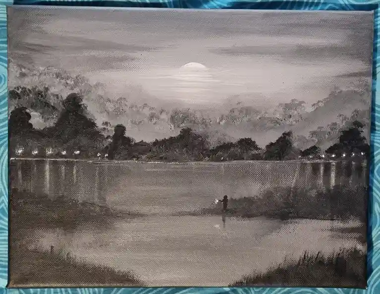 A grayscale painting depicts a lone figure standing in shallow water, holding a small object, with a distant shoreline and a…