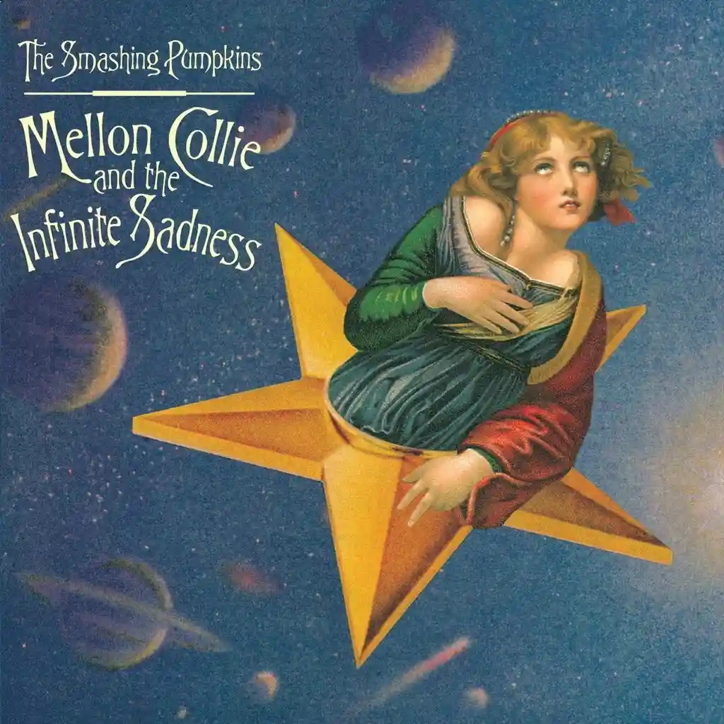 The album cover for The Smashing Pumpkins' 'Mellon Collie and the Infinite Sadness' shows a young woman with curly blonde…
