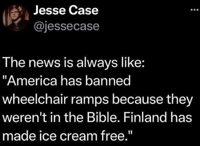 A screenshot of a tweet by Jesse Case (@jessecase) with a black background and white text. The text humorously claims that…