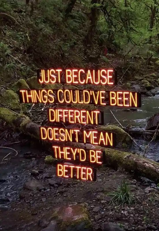 A glowing orange neon sign with the text 'JUST BECAUSE THINGS COULD'VE BEEN DIFFERENT DOESN'T MEAN THEY'D BE BETTER' is…