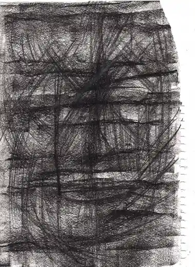 A rough charcoal sketch of a dense, dark forest with tangled tree branches and a faint path, overlaid with the text 'i'm not…