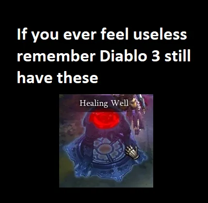 A screenshot from the game Diablo 3 shows a glowing red Healing Well with a hand icon hovering over it, labeled 'Healing…