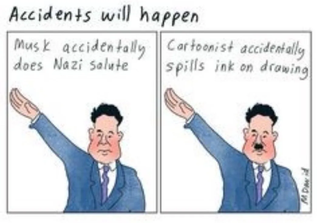 A two-panel comic strip shows a cartoon man in a blue suit and tie raising his right arm in a Nazi salute. The left panel's…