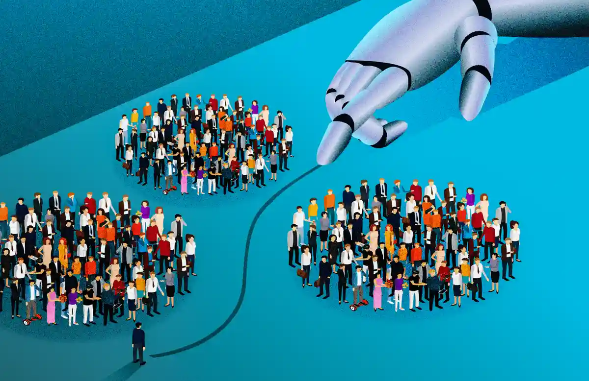 An illustration shows a giant robotic hand pointing a finger down a curved path between two large groups of stylized human…