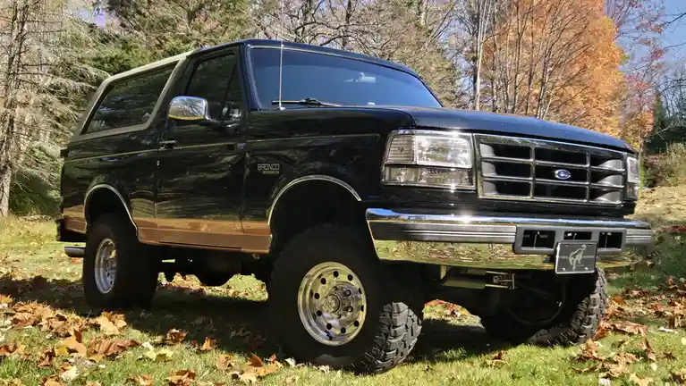 A black Ford Bronco SUV with chrome accents and large off-road tires is parked on grass covered in autumn leaves, with trees…