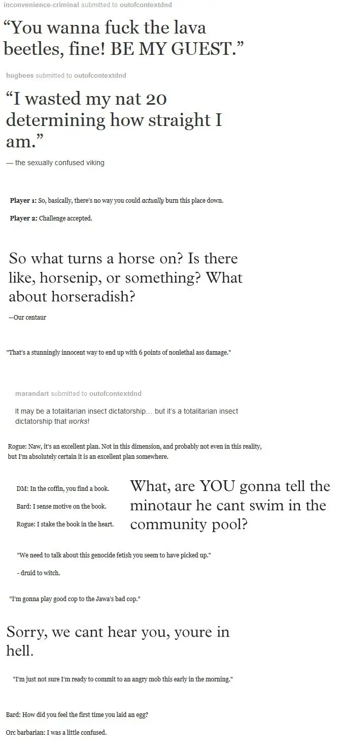 A compilation of absurd and darkly humorous role-playing game quotes, featuring characters like a 'sexually confused…