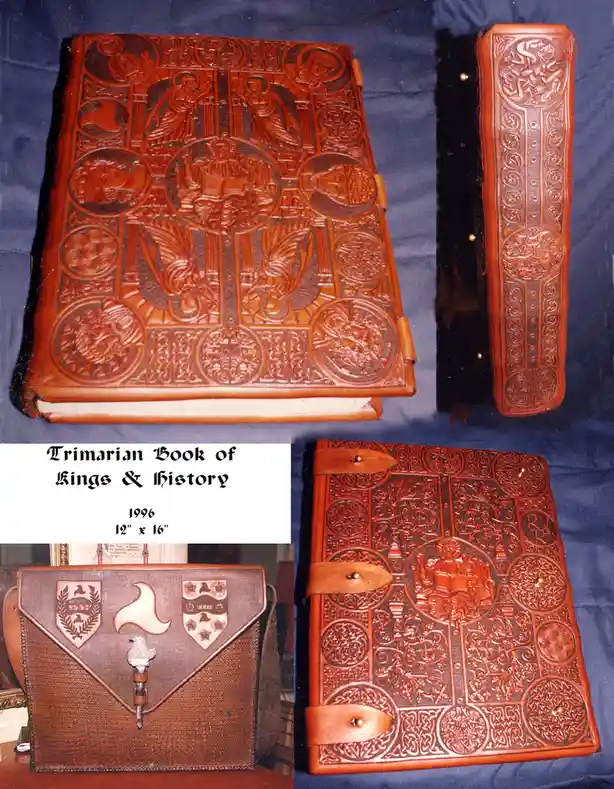 A collage of four images showcasing an ornate, hand-carved leather-bound book titled 'Trimarian Book of Kings & History'…