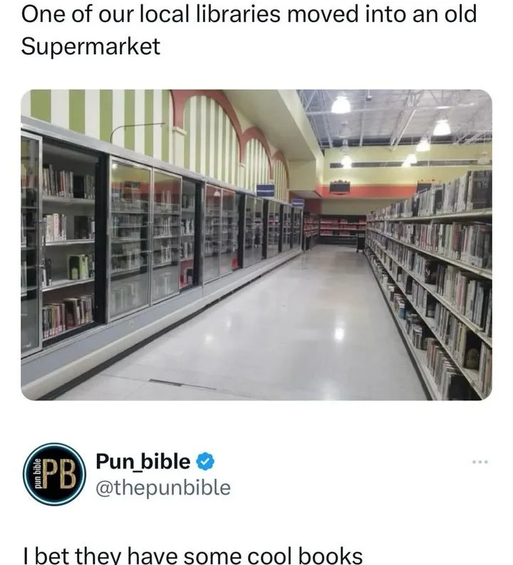 An image shows a long, empty aisle in what appears to be a former supermarket, now repurposed as a library. On the left…