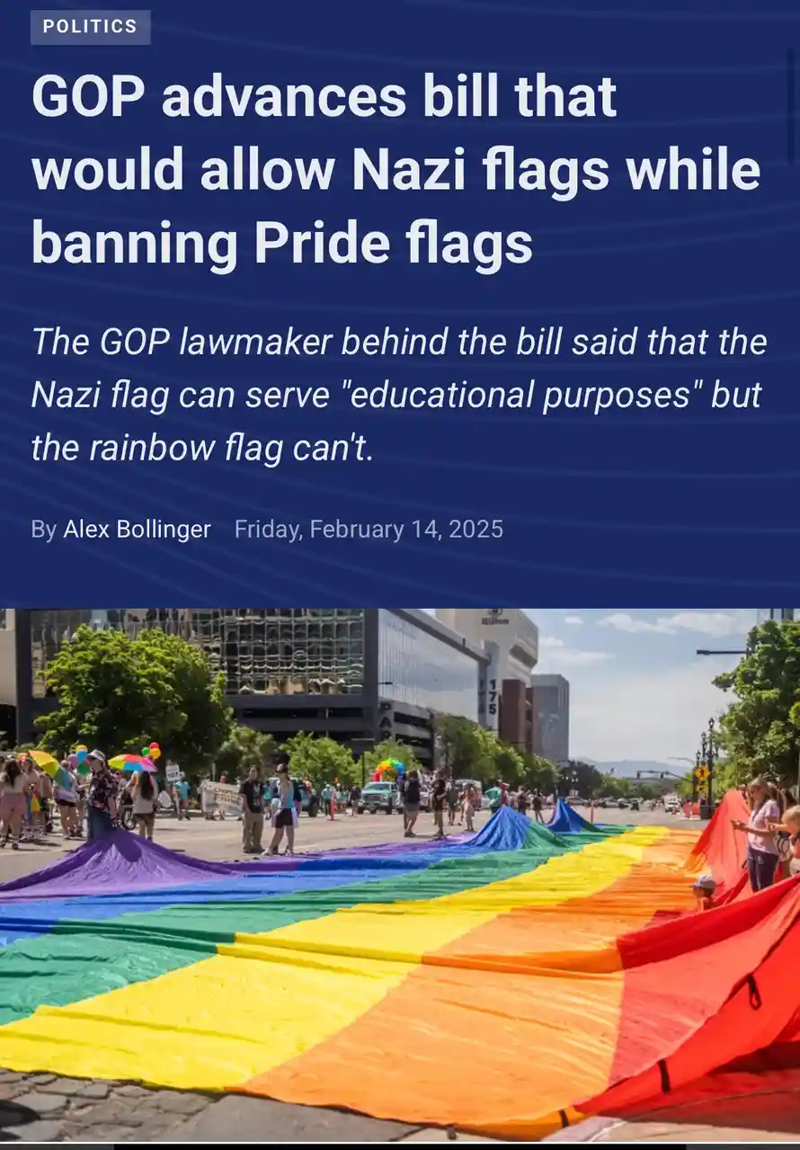 The image displays a news article headline about a GOP bill allowing Nazi flags for 'educational purposes' while banning…