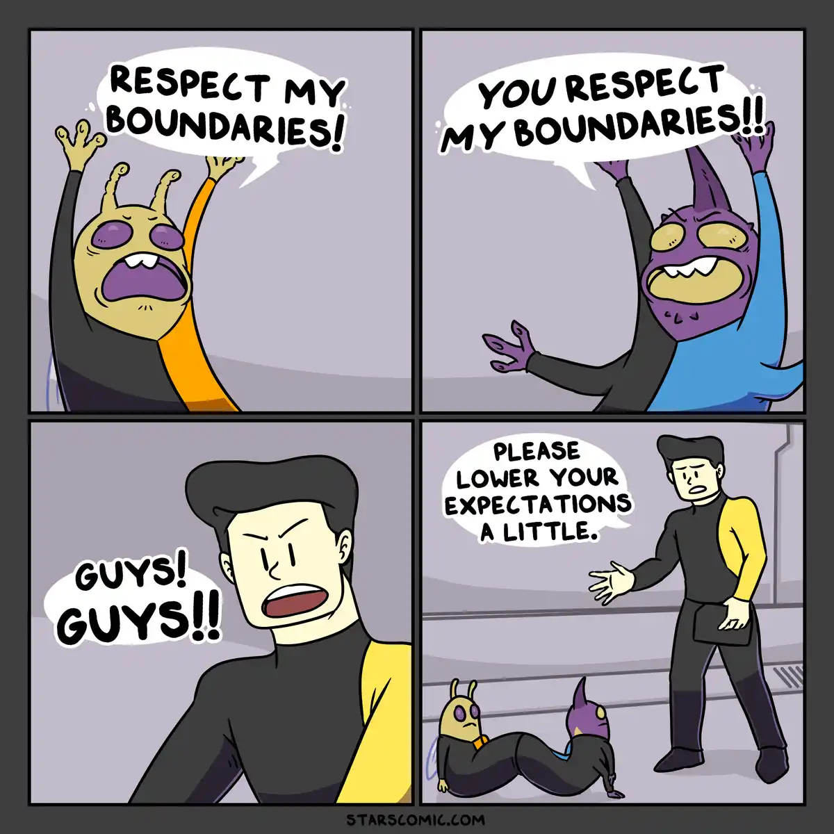 A four-panel comic strip shows two aliens yelling at each other about respecting boundaries, then a human in a Starfleet…