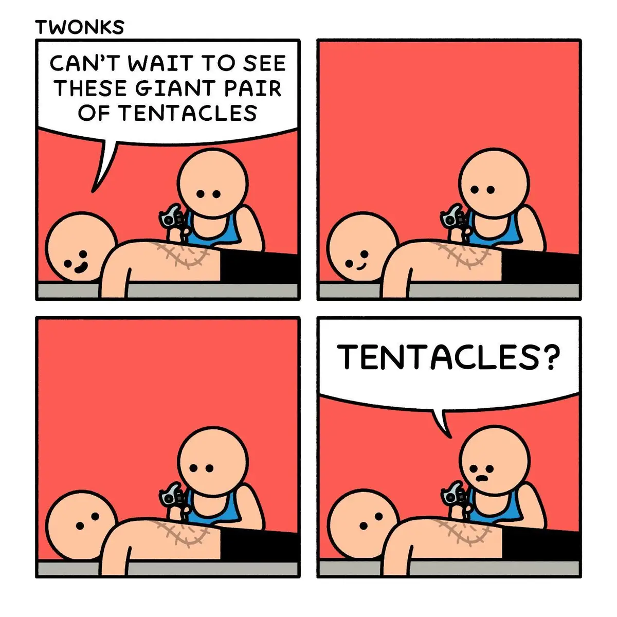 A four-panel comic strip titled 'TWONKS' shows a person with a camera taking photos of another person's back, which has a…
