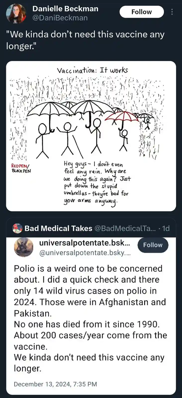 A stick figure drawing shows people holding umbrellas in the rain, with one figure in a red umbrella saying they don't feel…