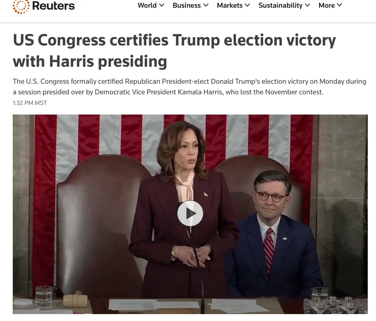 A screenshot from a Reuters news article shows Kamala Harris standing at a podium in front of an American flag, with a man…