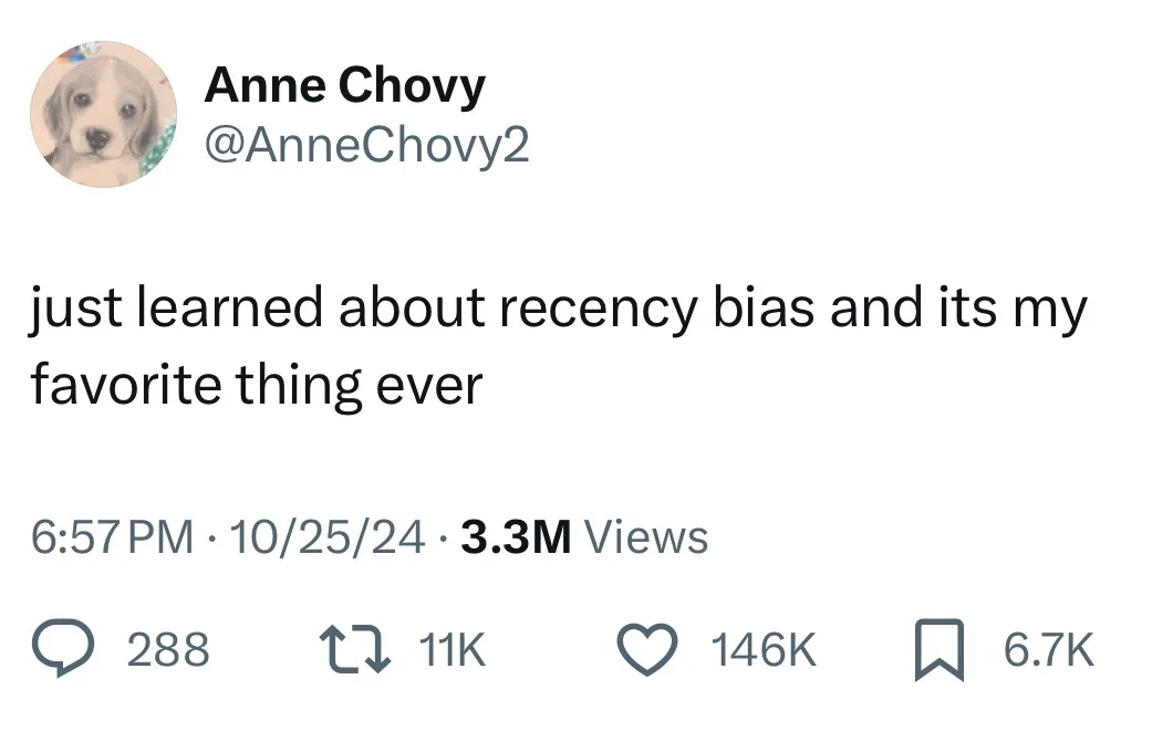 A screenshot of a tweet by Anne Chovy (@AnneChovy2) showing her profile picture of a puppy, with the text 'just learned…