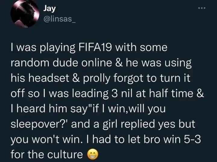 A screenshot of a tweet by user Jay (@linsas_) detailing a funny online gaming incident. The text recounts playing FIFA 19…