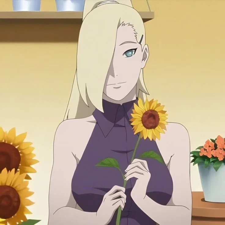 An anime character with blonde hair and blue eyes, wearing a purple top, holds a single sunflower while standing in a room…