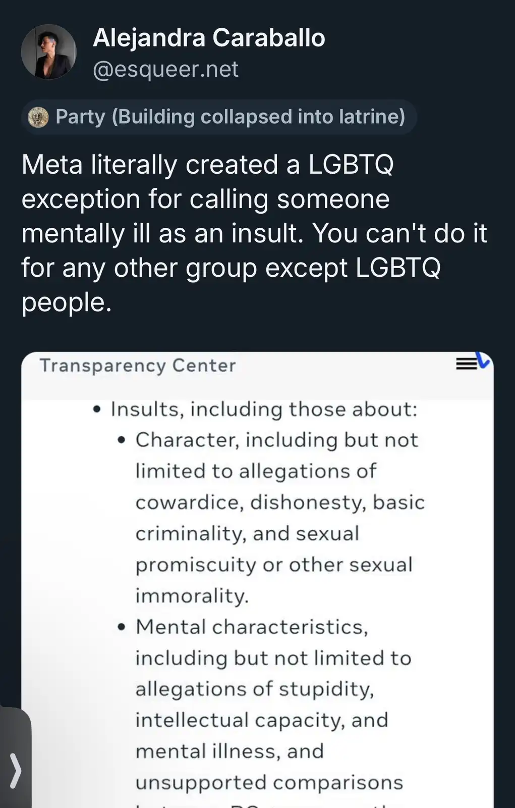 A screenshot of a tweet by Alejandra Caraballo showing a 'Transparency Center' document listing prohibited insults…