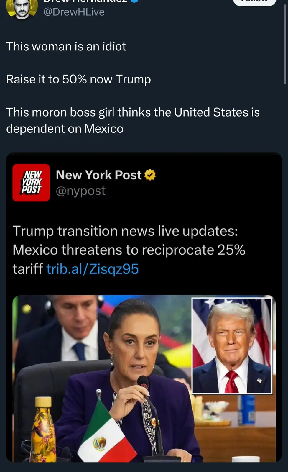 A screenshot of a tweet from Drew Hernandez showing a New York Post article about Mexico threatening a 25% tariff. The image…