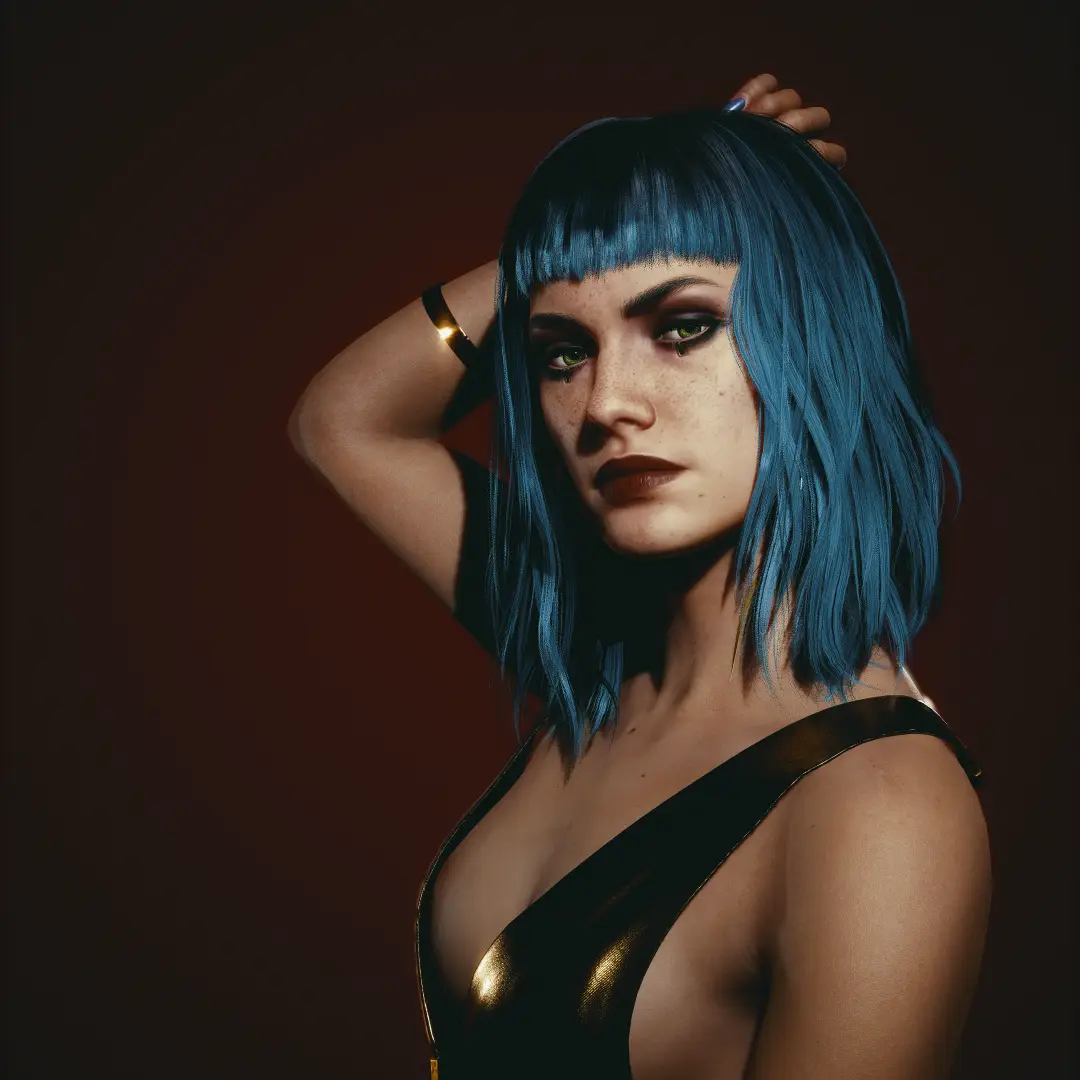 A woman with short, vibrant blue hair and bangs poses against a dark brown background, one hand raised to her head. She…