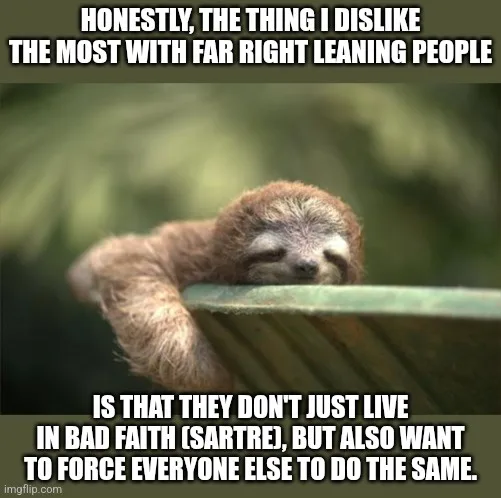 A sloth is shown resting its head on a branch with a sleepy, unbothered expression. The overlaid text reads: 'HONESTLY, THE…
