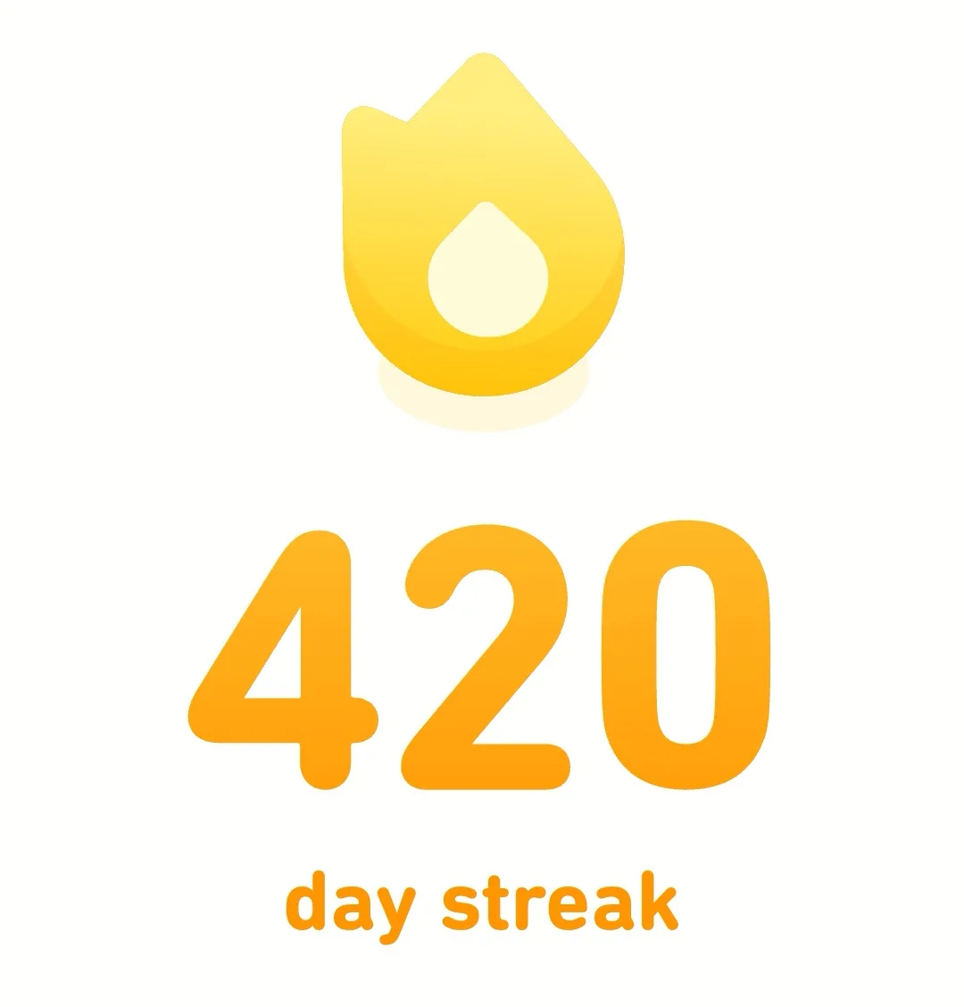 A minimalist graphic shows a yellow flame icon above the number 420, with the text 'day streak' below it, all in orange on a…