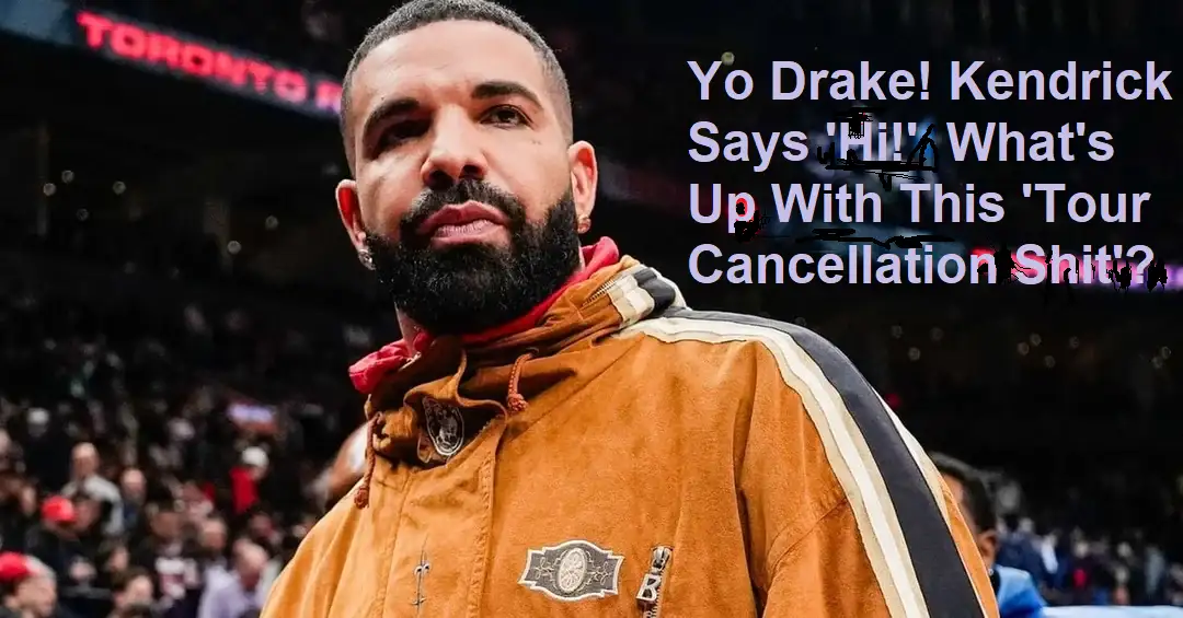 A photo of Drake looking serious and slightly annoyed, wearing a brown jacket with black and white stripes, standing in a…