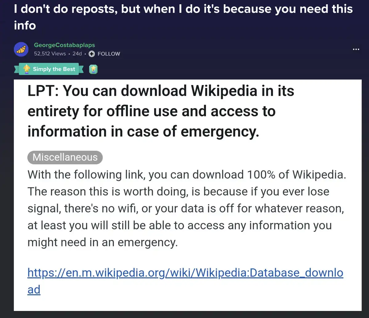 A screenshot of a Reddit post by user GeorgeCostabaplaps titled 'LPT: You can download Wikipedia in its entirety for offline…