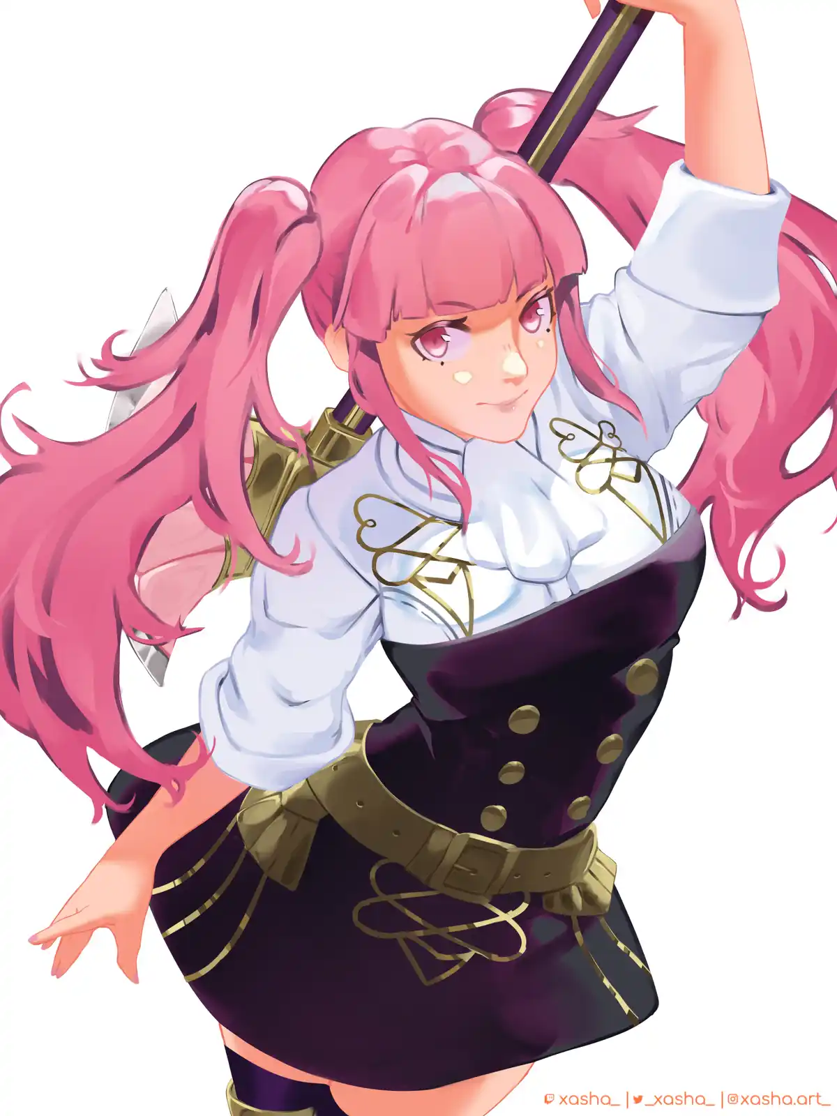 An anime-style illustration of a pink-haired girl with pigtails, wearing a white blouse and dark purple skirt with gold…