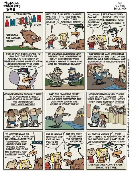 A comic strip by Ruben Bolling titled 'A Tribute to the American Story' features a patriotic eagle named Pat teaching…