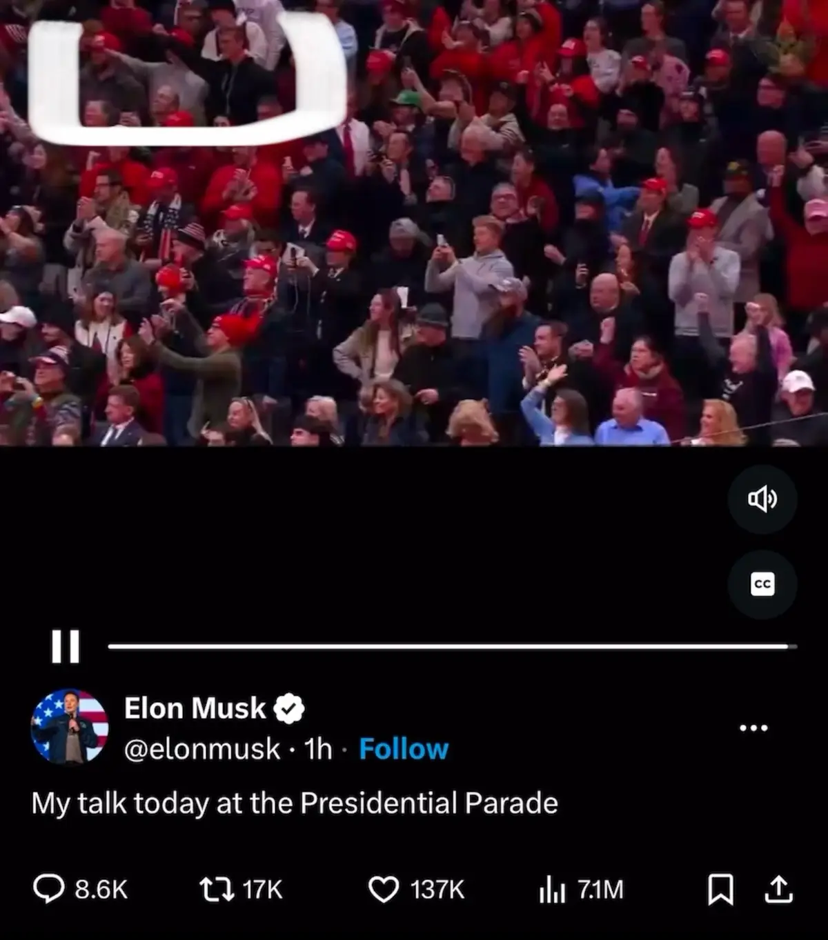 An image of a crowd at an event, many wearing red hats, overlaid with a screenshot of Elon Musk's social media post claiming…