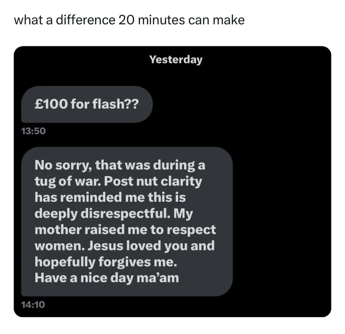 A screenshot of a text message conversation labeled 'Yesterday' shows a message at 13:50 asking '£100 for flash??' followed…