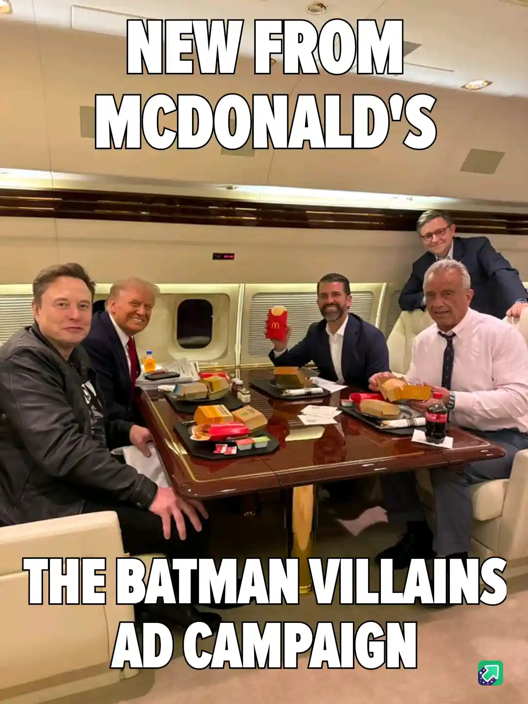 A group of men, including Elon Musk and Donald Trump, are seated around a table in a private jet, eating McDonald's food…