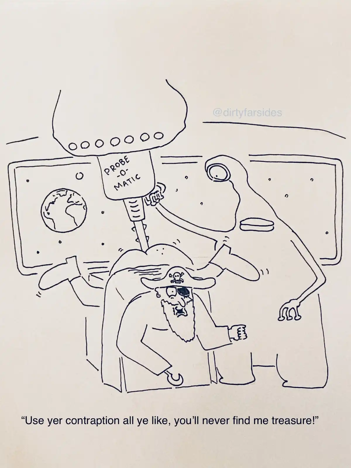 A black-and-white line drawing shows a pirate with a hook and eye patch being scanned by a large, robotic device labeled…