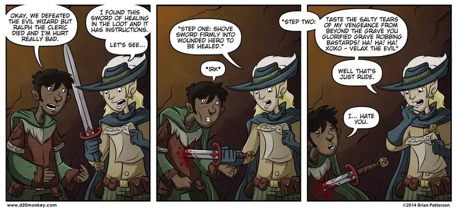 A three-panel comic strip shows two adventurers in a cave. One is injured and the other holds a sword with 'instructions'…