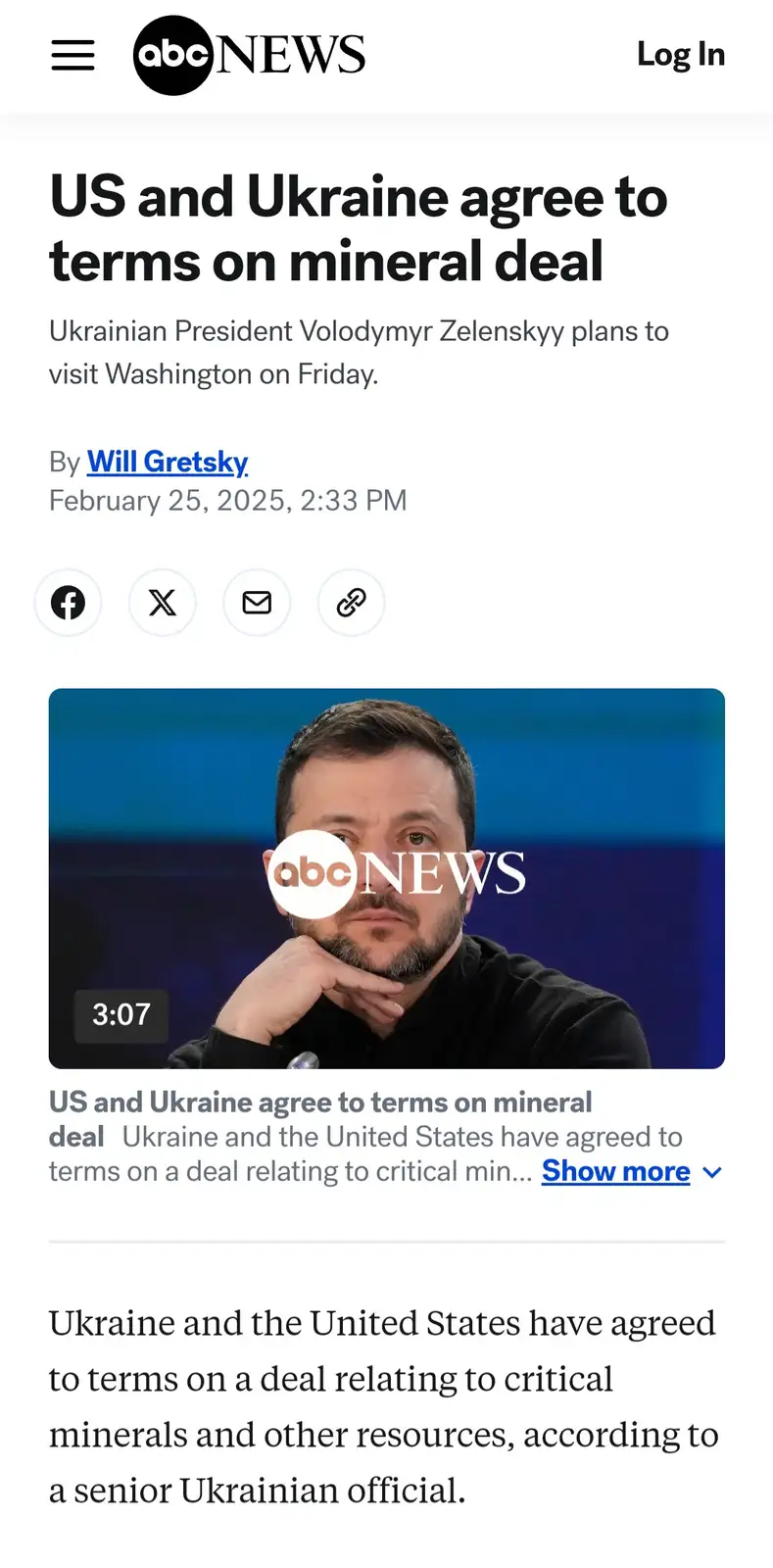 An abcnews.com article screenshot shows a headline about a US-Ukraine mineral deal, with a photo of Ukrainian President…