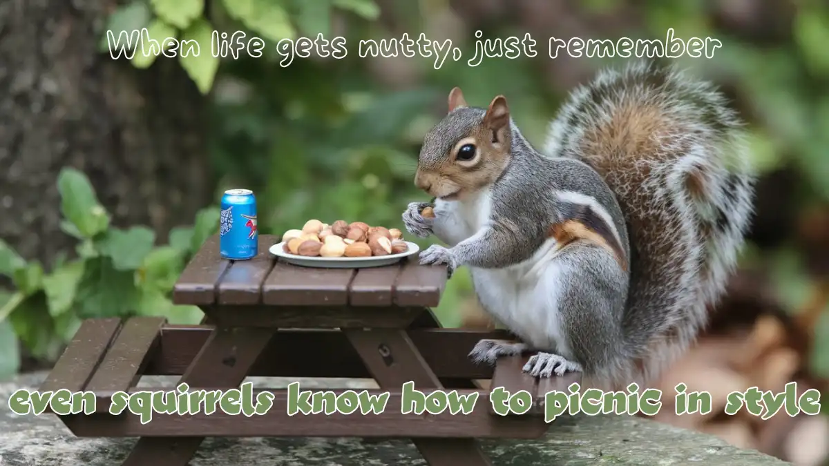 A gray squirrel with a bushy tail sits on a miniature wooden picnic table outdoors, eating a nut from a white plate. Beside…