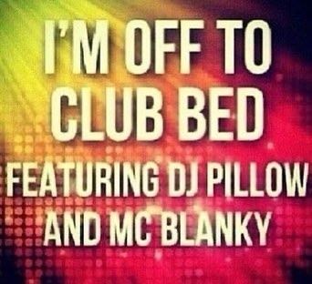 A vibrant, gradient background with yellow fading to red, overlaid with bold white text that reads 'I'M OFF TO CLUB BED…
