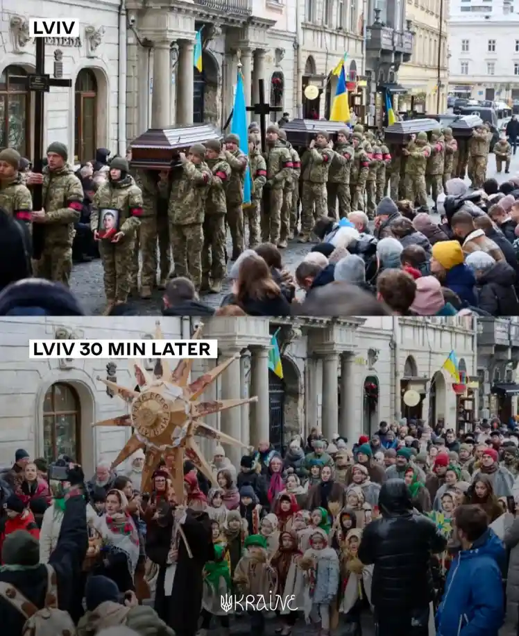 The top panel shows Ukrainian soldiers in camouflage uniforms carrying coffins down a street in Lviv, with civilians…