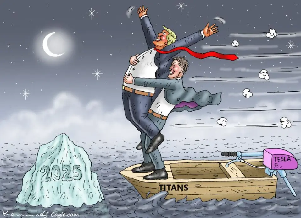 A cartoon depicts two men in suits flying over water in a small boat labeled 'TITANS', one carrying the other. A large…